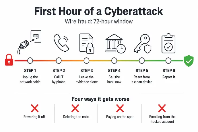 Graphic showing step by step process after a cyberattack